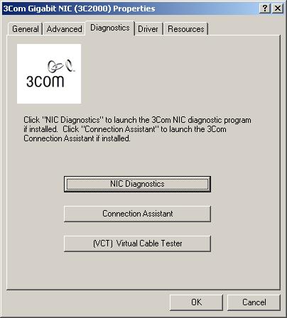 12 Troubleshooting Click on the Diagnostics tab to display the 3Com diagnostic program options, as shown in the following figure. NIC Diagnostics tests the functionality of the NIC.
