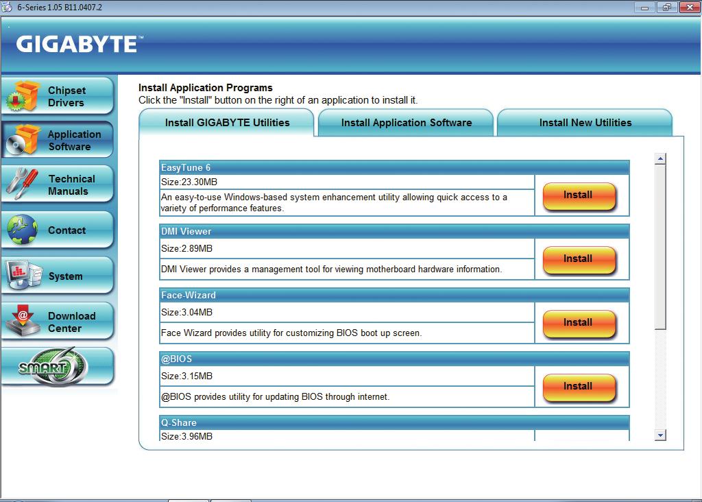 3-2 Application Software This page displays all the utilities and applications that GIGABYTE