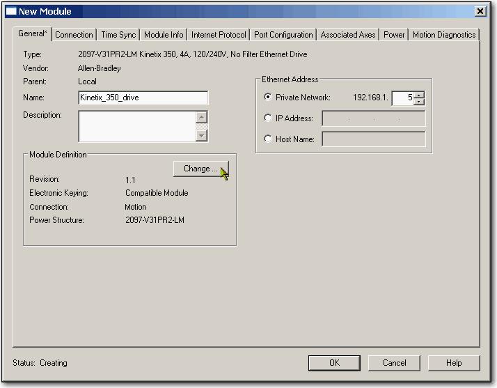 Add a Kinetix 350 Drive to a Logix Designer Application Project Chapter 2 The New Module dialog box appears. 11. Configure the new drive. a. Type the drive Name. b. Click an Ethernet Address option.