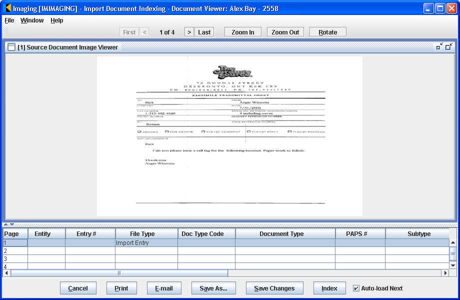 Import Document Indexing Document Viewer screen: Indexing screen The top portion of the Indexing screen shows the pages of the Source Document.