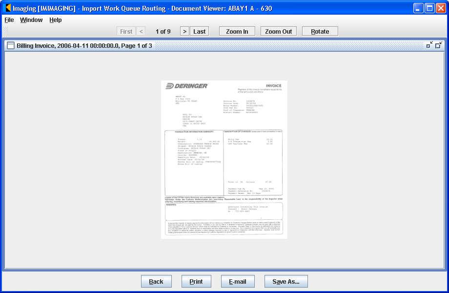 Import Work Queue Routing Document Viewer screen: Document Viewer screen Options available on this screen are as follows: To navigate to a page in the documents, either select the page number in the