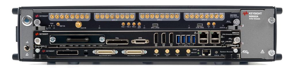 For instance, up to three M9709A digitizers can be installed in the M9505A 5-slot AXIe chassis enabling a 96 synchronized channel 8-bit acquisition system. Figure 2.