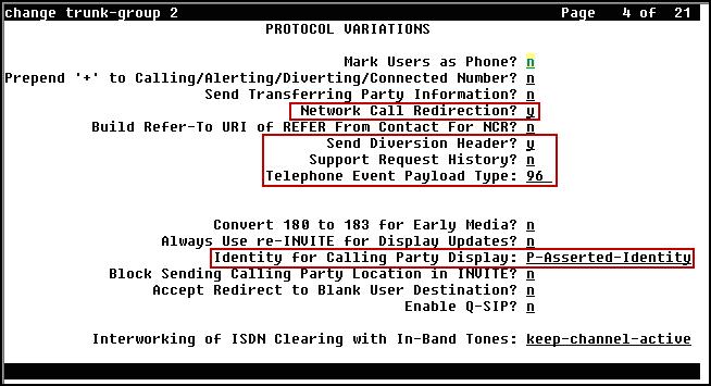 Page 4 was configured using the parameters highlighted below. Set the Network Call Redirection field to y.