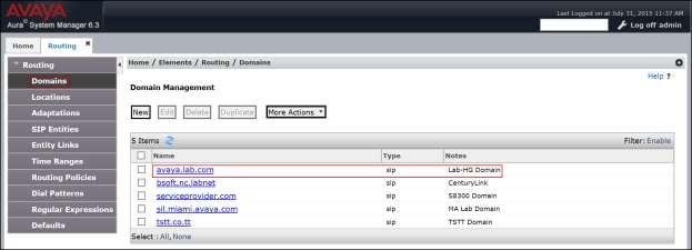 For the compliance test the enterprise domain avaya.lab.com was used.