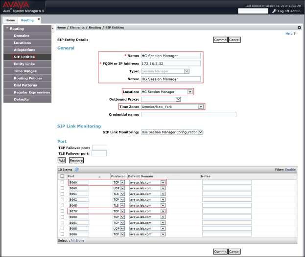 The following screen shows the addition of the Session Manager SIP entity.
