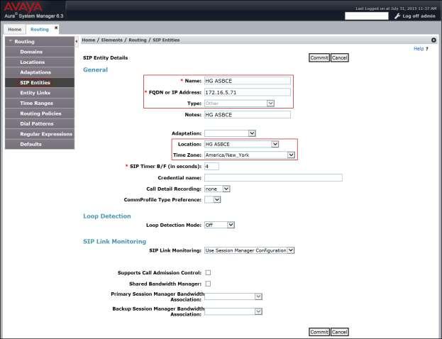 The following screen shows the addition of the SIP entity for the Avaya SBCE.