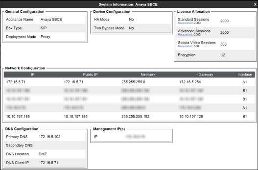 To view the network configuration assigned to the Avaya SBCE, click View as shown on the previous screen. The System Information window is displayed as shown below.