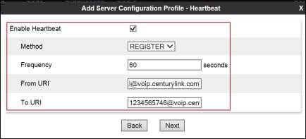 On the Heartbeat tab: Check the Enable Heartbeat box. Under Method, select REGISTER from the drop down menu.