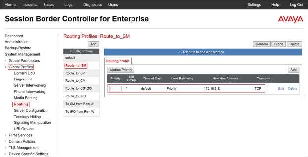 The following screen capture shows the newly created Route_to_SM Routing Profile.