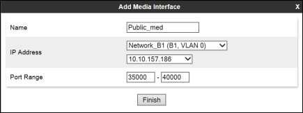 Below is the configuration of the inside, private Media Interface of the Avaya SBCE. Select Add in the Media Interface area. Name: Private_med.