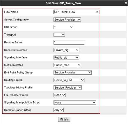 To create the call flow toward the Service Provider SIP trunk, from the Device Specific Settings menu, select End Point Flows, and then the Server Flows tab. Click Add (not shown).