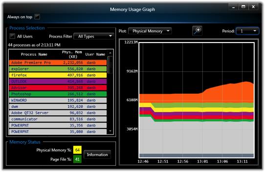 Your performance Memory Usage Graph The Memory Usage Graph is an interactive color enhanced view of the system memory usage. The per process memory usage is shown in a both a graph and table format.