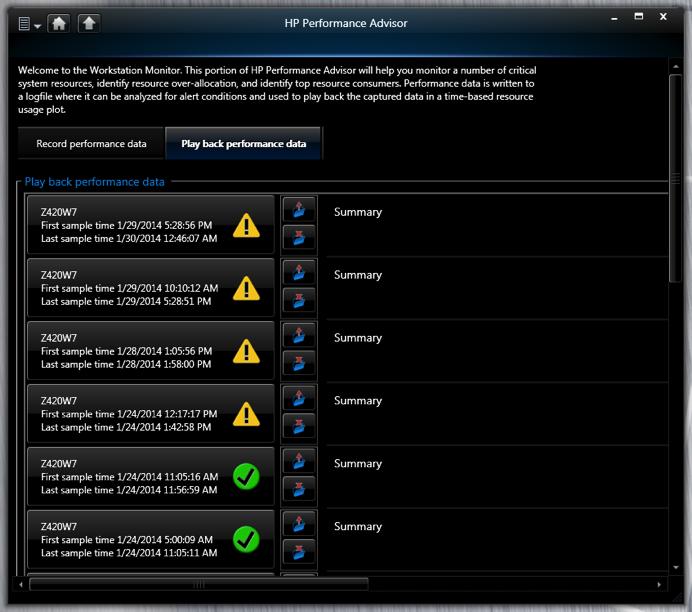 Figure 13 An example of the new log file notification. The Play Back Performance Data window displays a list of previously recorded performance logs.
