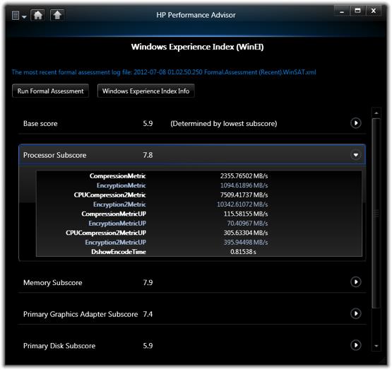 Windows Experience Index HP Performance Advisor 1 provides a more detailed look at the Windows Experience Index (WEI).