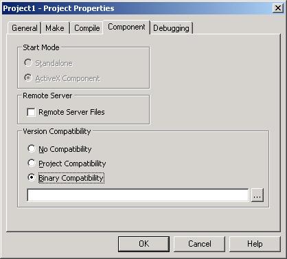 This opens the tab shown in Figure 3.17. Figure 3.17 Component Properties Tab 9. Choose Binary Compatibility as the Version Compatibility type. Click OK.