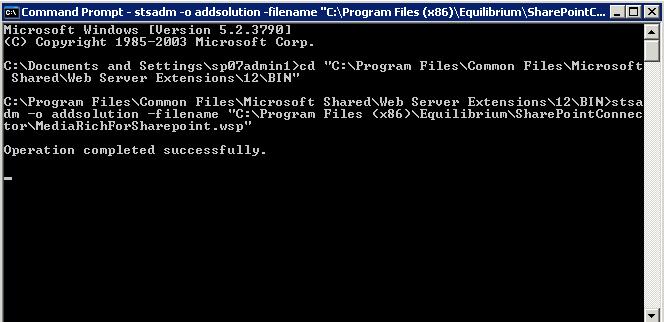 2. Add this line next and hit enter: Here is an (x64) bit system on SharePoint 2007 or 2010: [ stsadm - o addsolution - filename "C:\Program Files