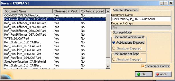 ENOVIA LCA toolbar. The Save in ENOVIA V5 dialog box appears showing objects to be saved and set to the correct save mode and save options.