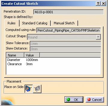 The Create Cutout Sketch dialog box displays the shape and size for the proposed