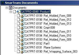 4. To open a SmarTeam document and send it to CATIA: Select Find Document from the SmarTeam menu in CATIA. The Search Editor dialog box displays. Select CATIA Products, then click Run.