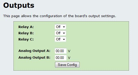 2.2 Outputs The state of the 3 relays and 2 analog outputs can be changed on the webpage.