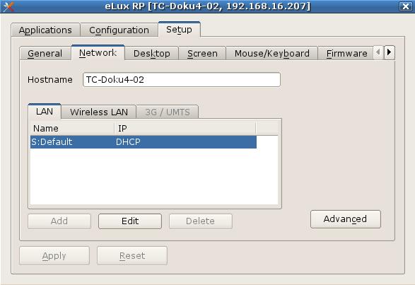 5.2.1. Defining a LAN profile 1. In the Scout Enterprise console, for the relevant device or OU, open Setup > Network. In elux, in the control panel, click Setup > Network. 2.