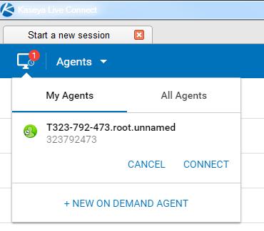 All agents lists all temporary agents your scope allows you to see. For each temporary agent listed you can: Connect - Starts a Live Connect session with a selected temporary agent.