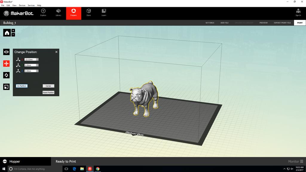 4. Once your object is on the virtual platform, select the object and make sure that it is correctly oriented for printing by using the Move, Turn, and Scale dialogs (located on the left of the