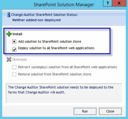 Step 3: Add and deploy Change Auditor SharePoint Solution In order to capture SharePoint events, the Change Auditor SharePoint Solution (Dell.SharePoint.Auditing.Monitor.