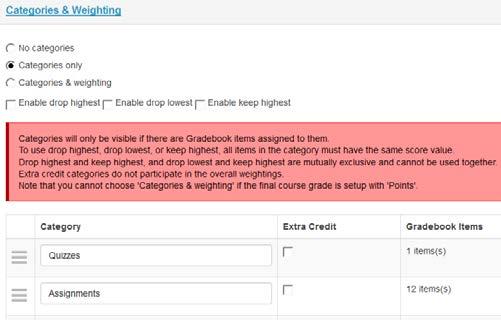 allows for the creation of categories in the Gradebook.