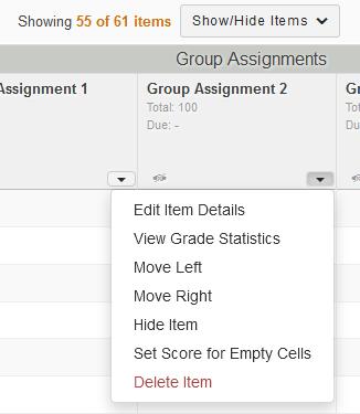 Hiding Gradebook Items Gradebook items can be hidden from instructor view without deleting. 1. Click the dropdown arrow for that item and select Hide Item. 2.