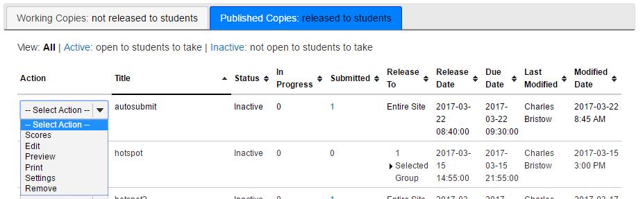 5. ReggieNet will copy the assessment to the Published copies tab. Once a quiz has been published, any changes made to the working copy will not be reflected in the published copy.
