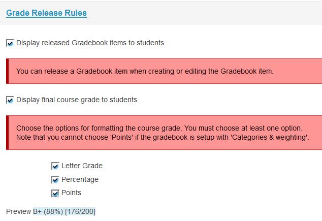 Grade Release Rules Display released Gradebook items to students sets whether Gradebook items released to students are visible to them.