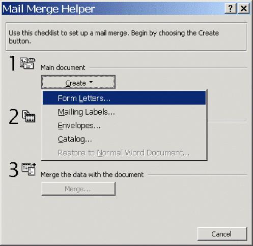 Creating a Form Letter Merge Template Microsoft Word 2002 To create the form letter, open Microsoft Word 2002. On the Tools menu, click Mail Merge.