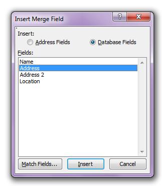 Position the cursor where you will need to put your merge field and click INSERT MERGE FIELD. Clicking on the down arrow list will display the avilable merge fields.