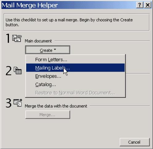 Creating a Labels Merge Template Microsoft Word 2002 If you are not using window envelopes, you may wish to create mailing labels to go on the front of the envelopes