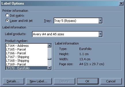 Using the options shown, select the labels you intend to print on and then click OK (most labels will have a specific code choosing this code will automatically create a template matching the label