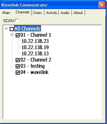 40 Wavelink Communicator Viewing Channels The Channel tab allows you to review each channel that is in use as well as the IP addresses of the mobile devices currently on the channel.