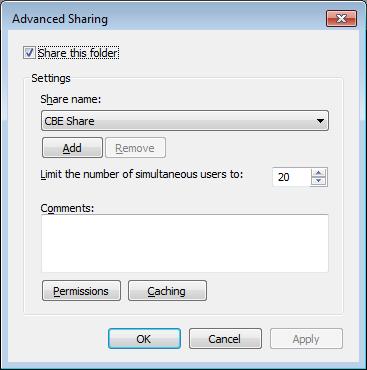 Ensure that you leave the Share name as CBE Share and that Maximum allowed is selected. 3) Click the Permissions button.
