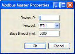 the ( ) button next to the Protocol. The Modbus Master Properties window.