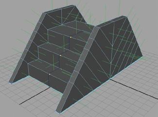 Note: In this case, you reversed the normals of the stairs before trying to merge the vertices because Merge can only be performed on geometry that has normals pointing in the same direction.