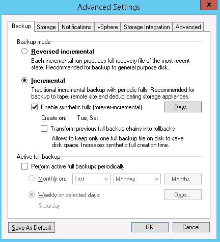 Figure 8: Synthetic full backups are created via the Advanced Settings button of a backup job.