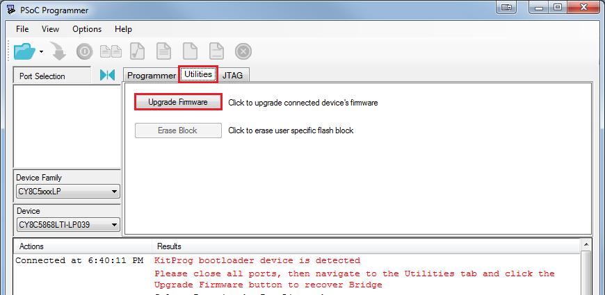 PSoC Programmer Results Window 4. Switch to the Utilities tab in PSoC Programmer and press the Upgrade Firmware button.