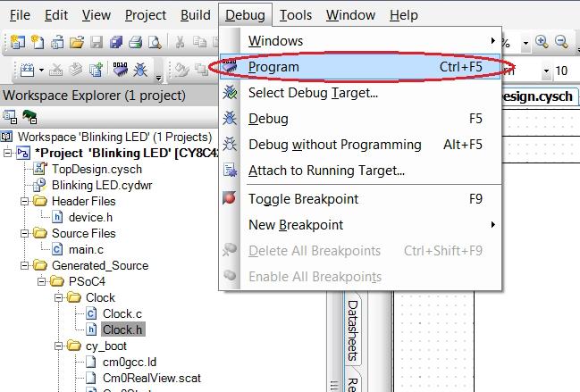 Build Project in PSoC Creator 4. After the project is built without errors and warnings, select Debug > Program or [Ctrl]+[F5] to program the device. Figure 3-6.