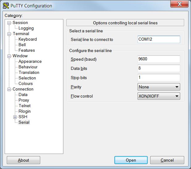 Connect using and click OK. In PuTTY enter the COMX in Serial line to connect to.