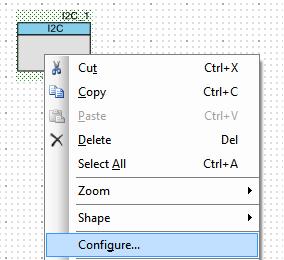 To configure the I2C component, double-click or right-click on the I2C component