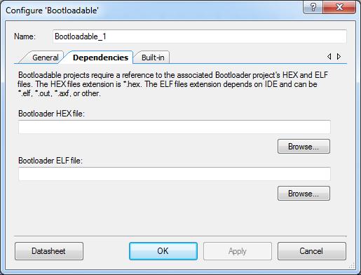 Advanced Topics Set the dependency of the Bootloadable component by selecting the Dependencies tab in the configuration window and clicking the Browse button. Select the KitProg_Bootloader.