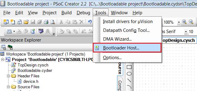 Opening Bootloader Host Tool from PSoC Creator 8. Keep the reset switch (SW1) pressed and plug in the USB Mini-B connector.