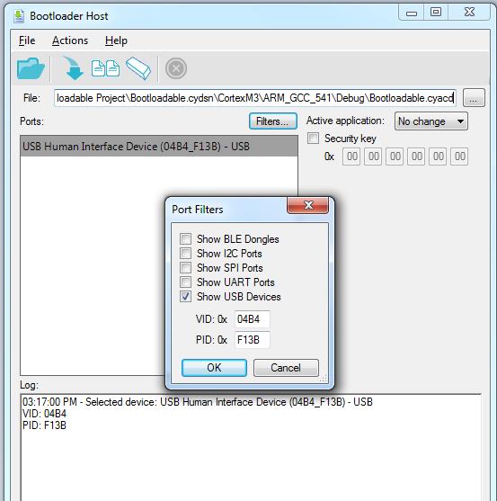 Advanced Topics 9. In the Bootloader Host tool, click Filters and add a filter to identify the USB device.