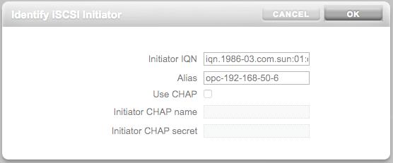 Define Storage Projects 4. When the 'Identify iscsi Initiator' window appears, enter values for the iscsi initiator and click OK, as shown in this example.