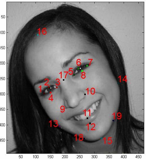 the images and displayed them on the screen. Using the ginput() function, each photo was tagged with a series of 19 points believed to be related to attractiveness (Fig 4.1.1). Fig 4.1.1: An example face tagged with the ordered points used in the facial geometry method.
